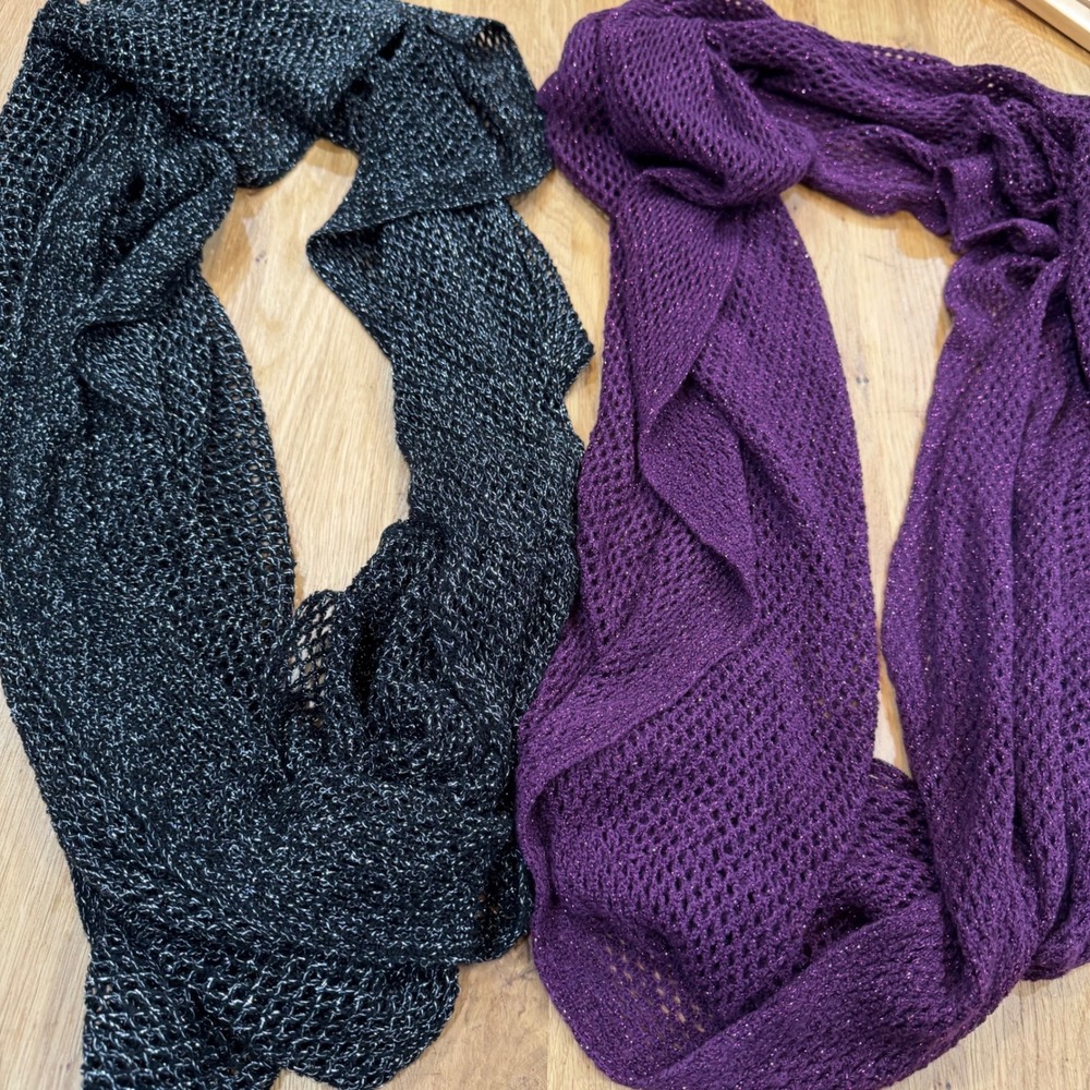 Cejon Infinity Scarf Set 2 Purple Black Metallic Open Knit Crochet Shimmer OS